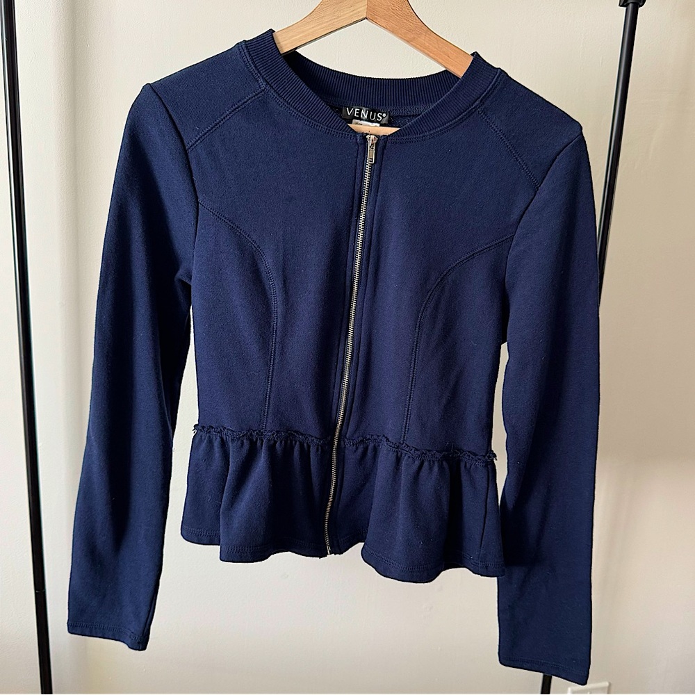 Venus Navy Blue Peplum Zip-Up Sweater – Size Small